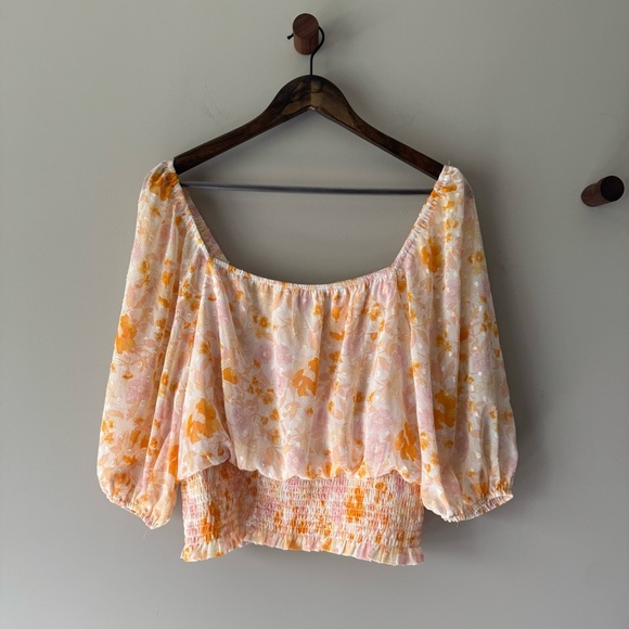 LUSH FLORAL PRINT SMOCKED WAIST PUFF SLEEVE TOP MANGO PINK FLORAL LARGE - Picture 1 of 6